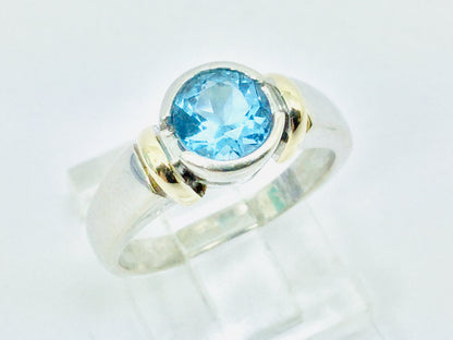 14k White and Yellow Gold Round Cut Blue Topaz December Birthstone Ring