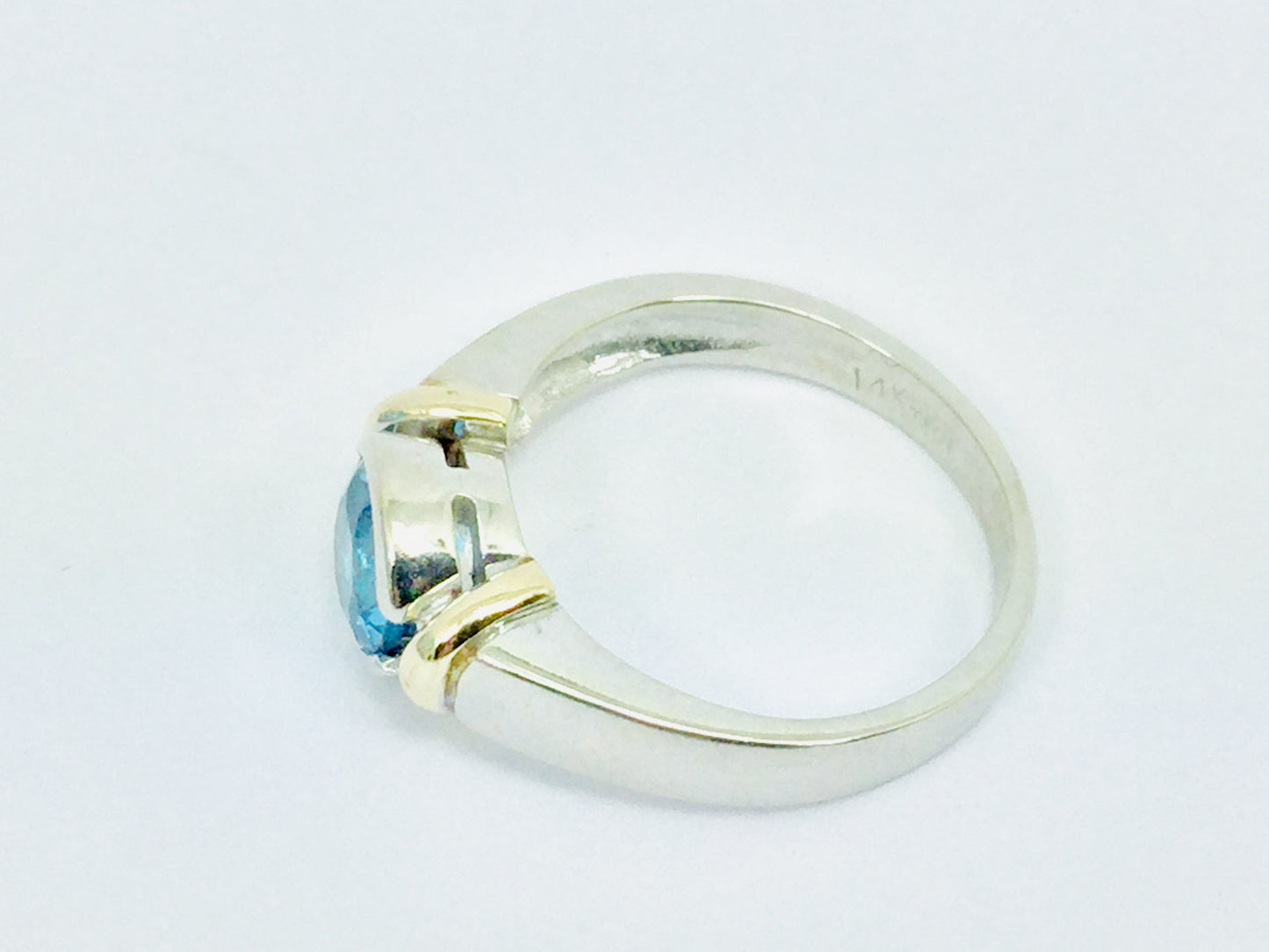 14k White and Yellow Gold Round Cut Blue Topaz December Birthstone Ring