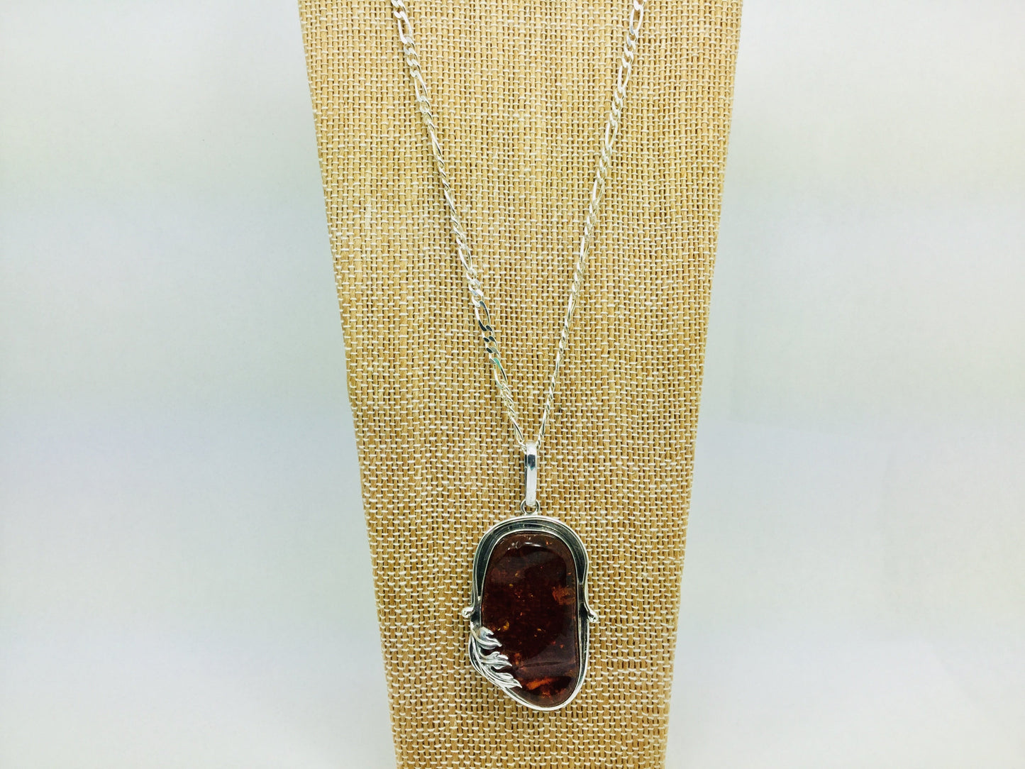 Sterling Silver Amber Leaf Pendent and Chain
