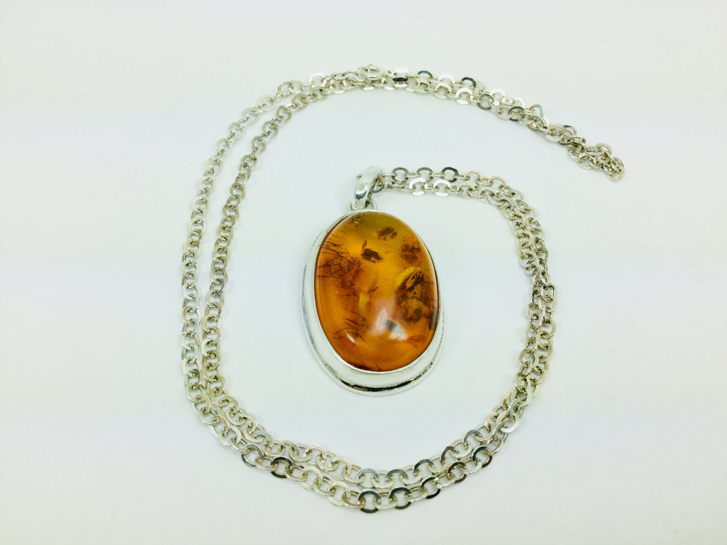 Sterling Silver Amber Pendent and Chain Necklace