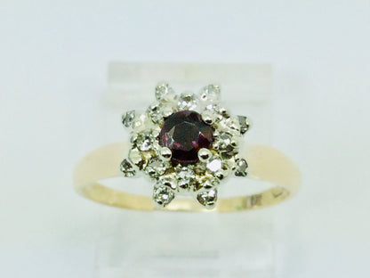 14k Yellow Gold Round Cut Garnet January Birthstone & Diamond Cluster Ring