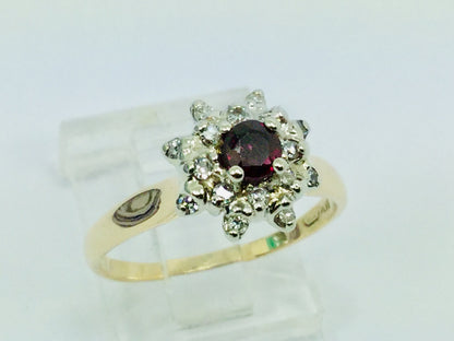14k Yellow Gold Round Cut Garnet January Birthstone & Diamond Cluster Ring