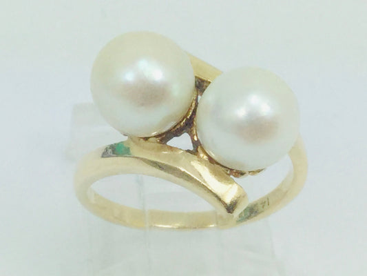14k Yellow Gold Two Genuine Pearls June Birthstone Cocktail Ring