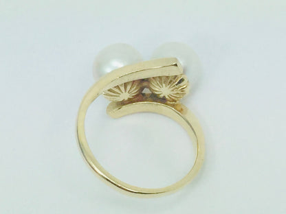 14k Yellow Gold Two Genuine Pearls June Birthstone Cocktail Ring
