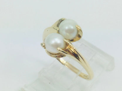 14k Yellow Gold Two Genuine Pearls June Birthstone Cocktail Ring