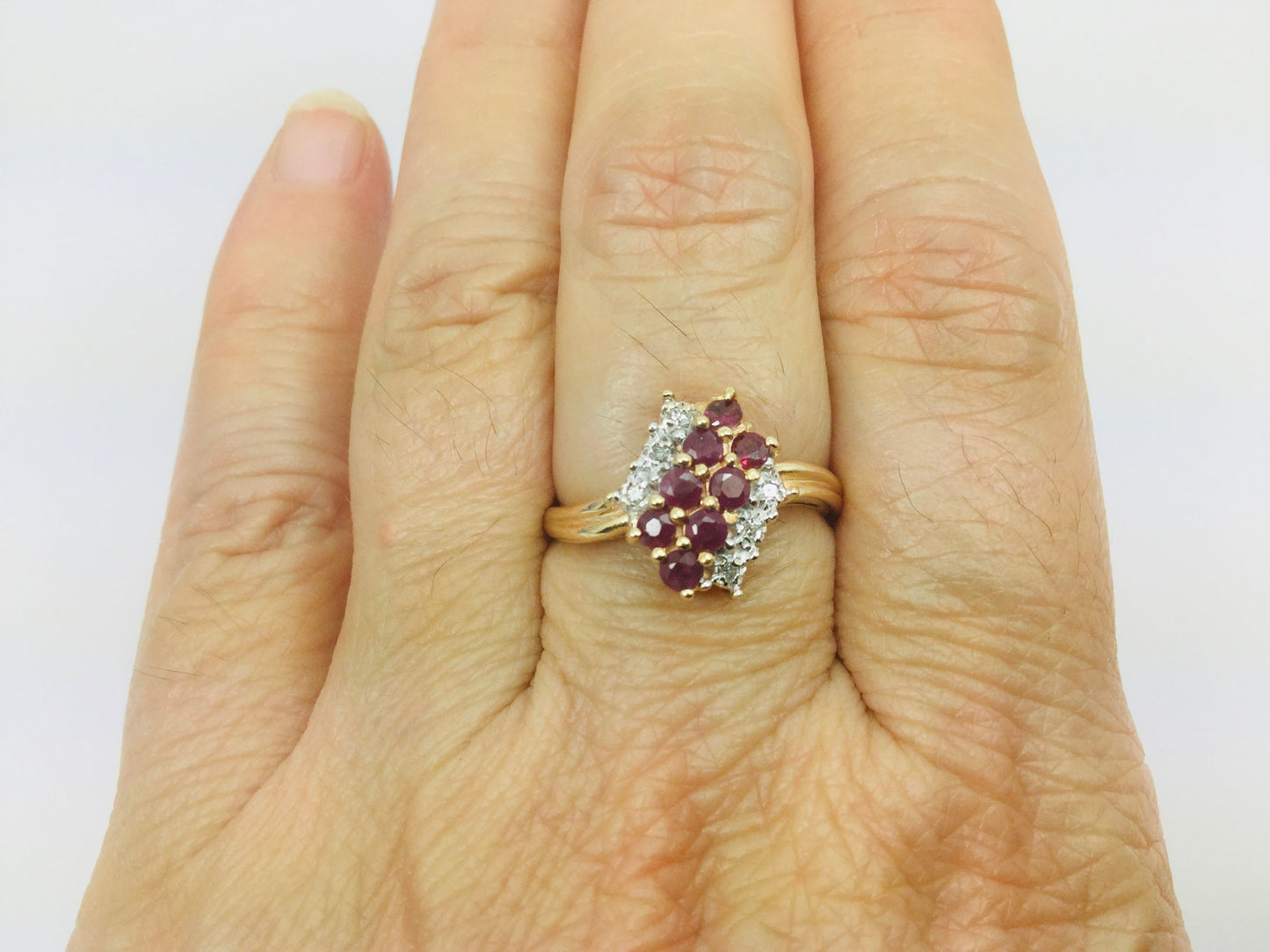 10k Yellow Gold Round Cut 40pt Ruby July Birthstone & 3pt Diamond Row Set Cluster Ring