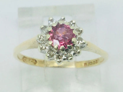 9k Yellow Gold Round Cut 35pt Genuine Ruby July Birthstone & 6pt Diamond Halo Ring