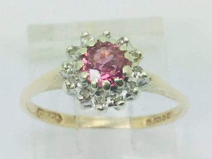 9k Yellow Gold Round Cut 35pt Genuine Ruby July Birthstone & 6pt Diamond Halo Ring