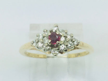 14k Yellow and White Gold Round Cut 10pt Genuine Ruby July Birthstone & 25pt Diamond Cluster Ring