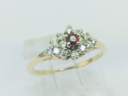 14k Yellow and White Gold Round Cut 10pt Genuine Ruby July Birthstone & 25pt Diamond Cluster Ring