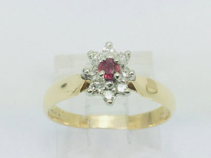 14k Yellow Gold Round Cut 12pt Genuine Ruby July Birthstone & 12pt Diamond Halo Ring