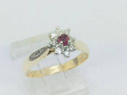14k Yellow Gold Round Cut 12pt Genuine Ruby July Birthstone & 12pt Diamond Halo Ring