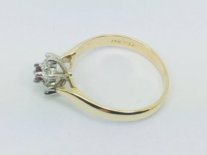 14k Yellow Gold Round Cut 12pt Genuine Ruby July Birthstone & 12pt Diamond Halo Ring
