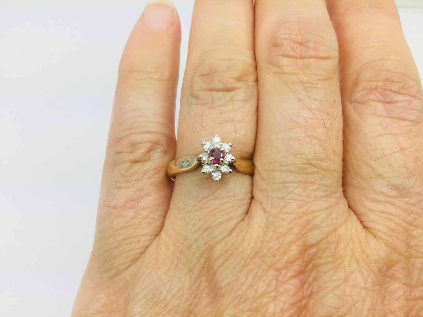 14k Yellow Gold Round Cut 12pt Genuine Ruby July Birthstone & 12pt Diamond Halo Ring