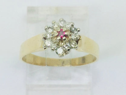 10k Yellow Gold Round Cut 5pt Genuine Ruby July Birthstone & 18pt Diamond Halo Ring
