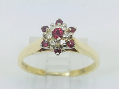 10k Yellow & White Gold Round Cut 20pt Genuine Ruby July Birthstone & 6pt Diamond Halo Ring