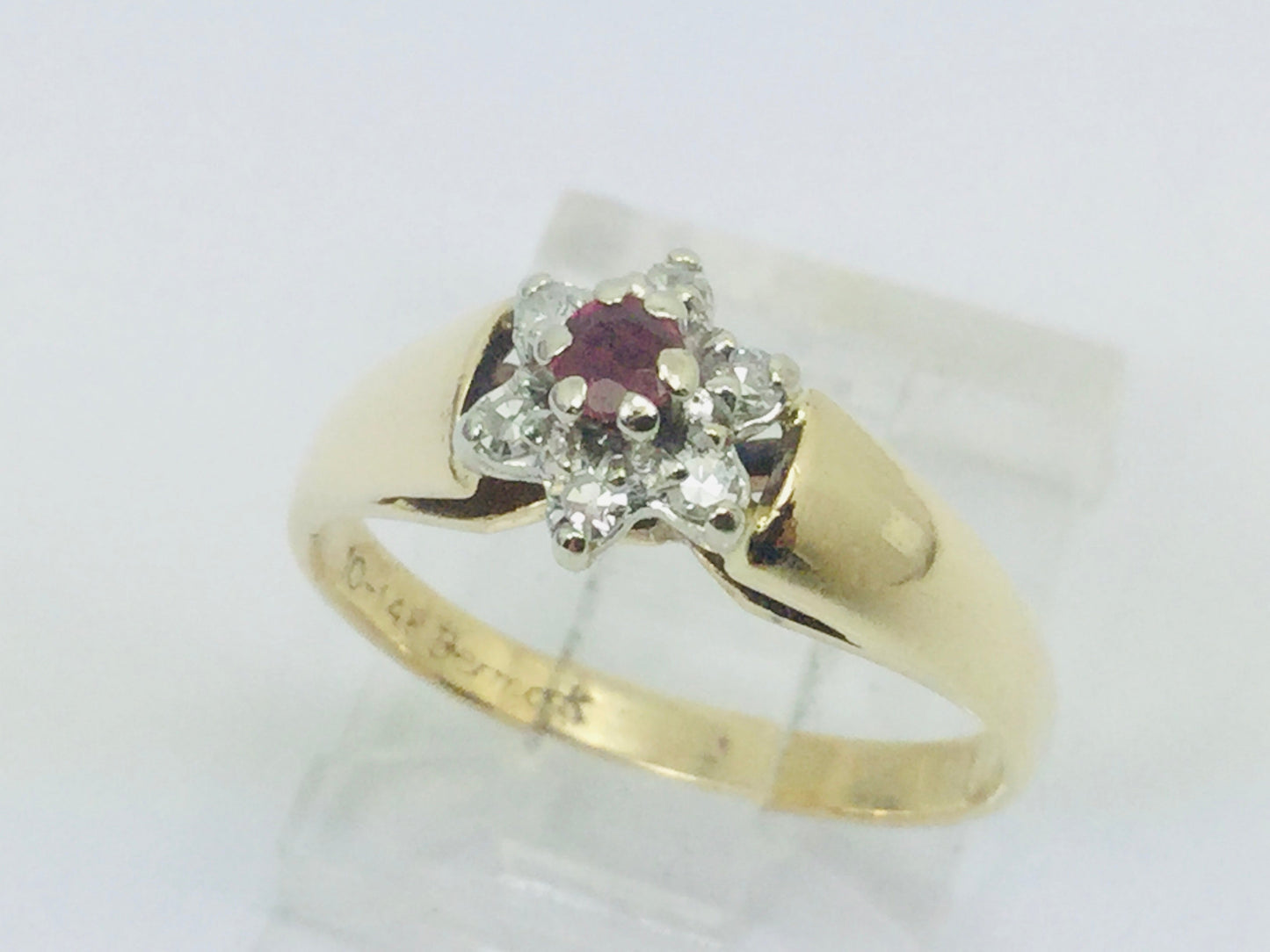 10-14k Yellow/White Gold Round Cut 9pt Genuine Ruby July Birthstone & 9pt Diamond Halo Ring