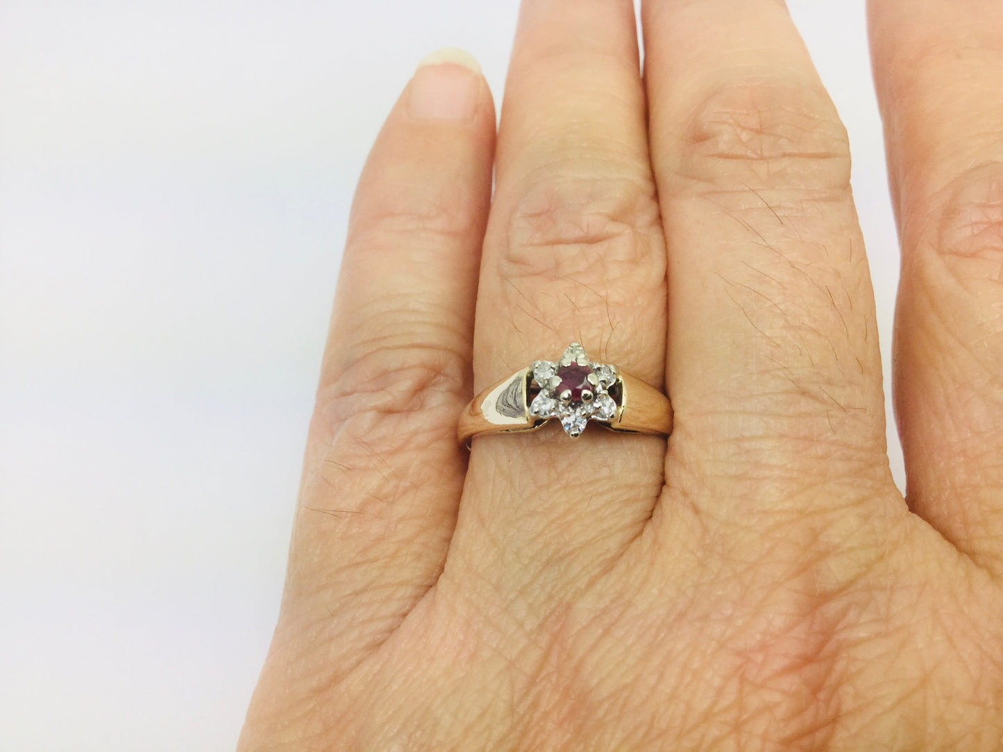 10-14k Yellow/White Gold Round Cut 9pt Genuine Ruby July Birthstone & 9pt Diamond Halo Ring