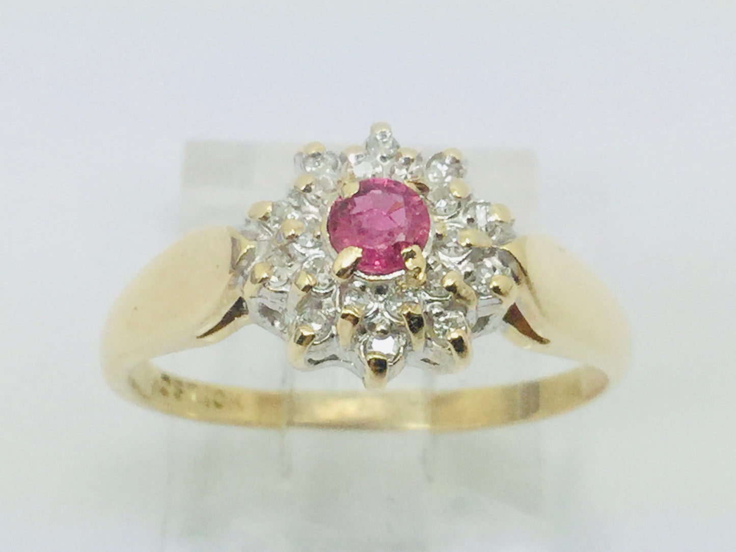 10k Yellow Gold Round Cut 16pt Genuine Ruby July Birthstone & 10pt Diamond Halo Ring