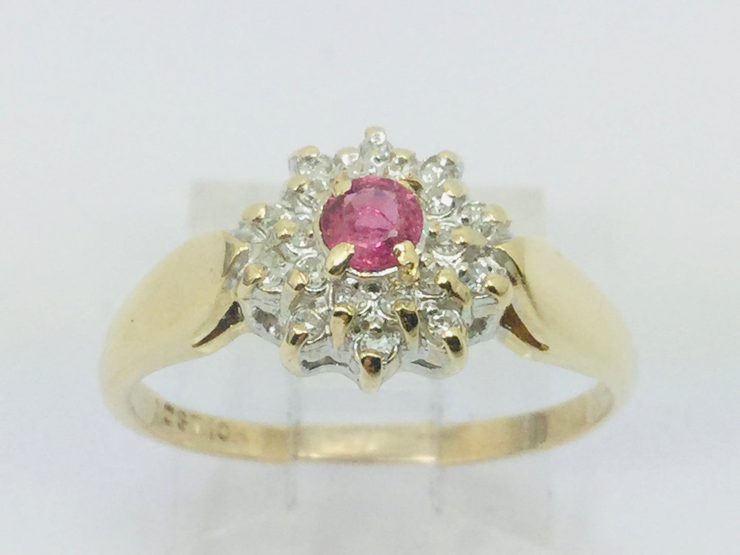 10k Yellow Gold Round Cut 16pt Genuine Ruby July Birthstone & 10pt Diamond Halo Ring