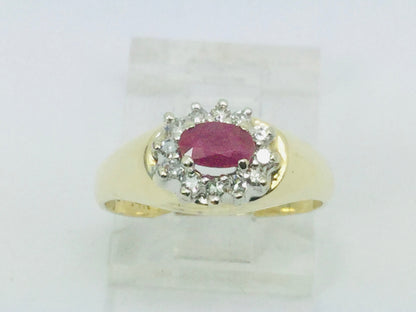 14k Yellow Gold Oval Cut 25pt Genuine Ruby July Birthstone & 12pt Diamond Halo Ring