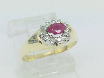 14k Yellow Gold Oval Cut 25pt Genuine Ruby July Birthstone & 12pt Diamond Halo Ring