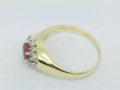 14k Yellow Gold Oval Cut 25pt Genuine Ruby July Birthstone & 12pt Diamond Halo Ring