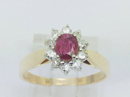 14k Yellow Gold Oval Cut 40pt Genuine Ruby July Birthstone & 25pt Diamond Halo Ring
