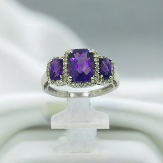 10k White Gold Cushion Cut Amethyst February Birthstone & Diamond Halo Ring