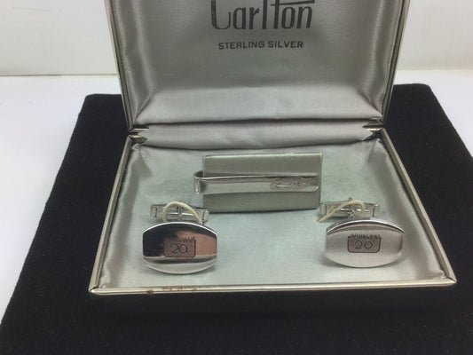 Carlton Sterling Silver 20th Anniversary Cuff Link & Tie Bar Set