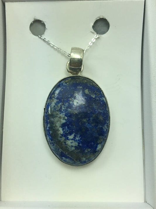 Geunine Lapis Lazuri Oval Gemstone On Silver Chain