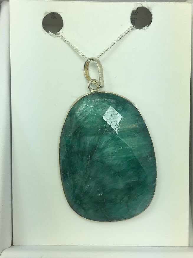 Genuine Emerald Oval Gemstone On Silver Chain