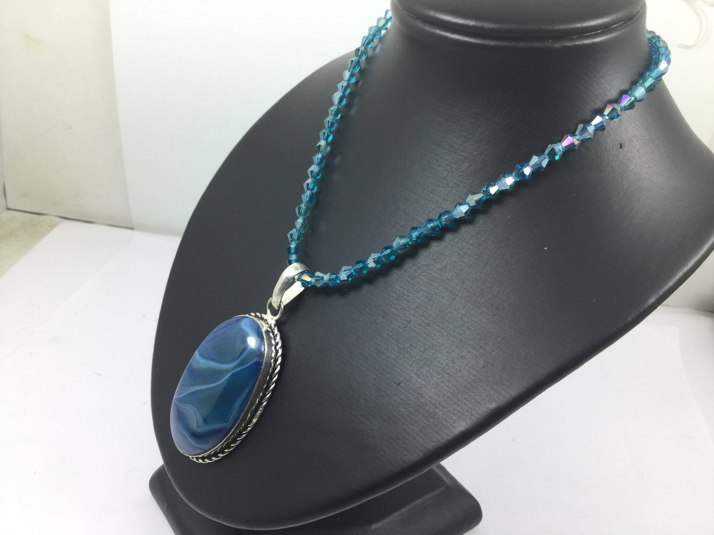 Adjustable Silver Genuine Gemstone Blue Agate On Beaded Necklace