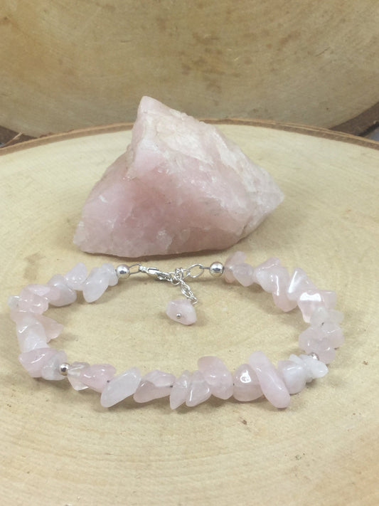Adjustable Sterling Silver Genuine Gemstone Bracelet with Rose Quartz ( Unconditional Love )