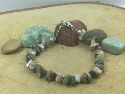 Adjustable Sterling Silver Genuine Gemstone Bracelet With Ocean Jasper (Stone Of Healing Past Sorrows )