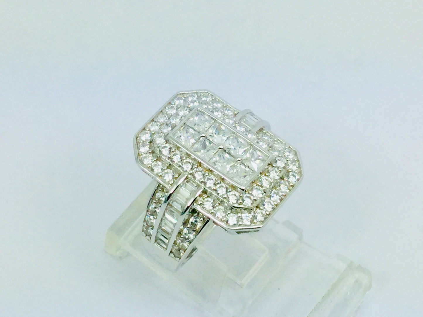Rhodium Plated Sterling Silver Rectangular Faced CZ Ring